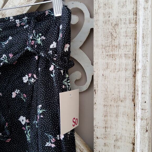 SO Women's Button Front Tie Belted Smocked Waist A-line Midi Skirt Black Floral - Picture 4 of 7